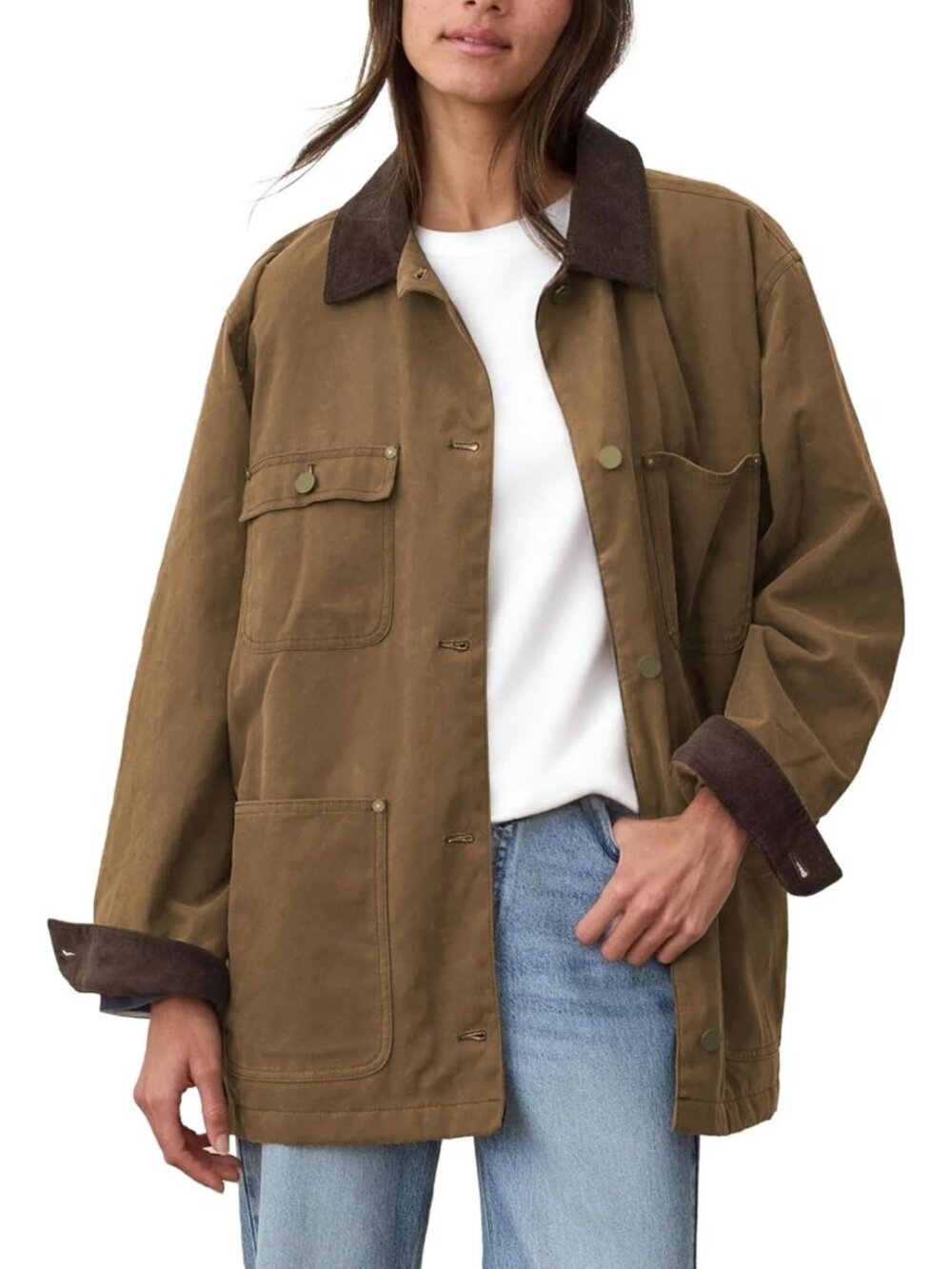 Oversized Vintage Utility Barn Jacket with Corduroy Collar for Women - Stylish